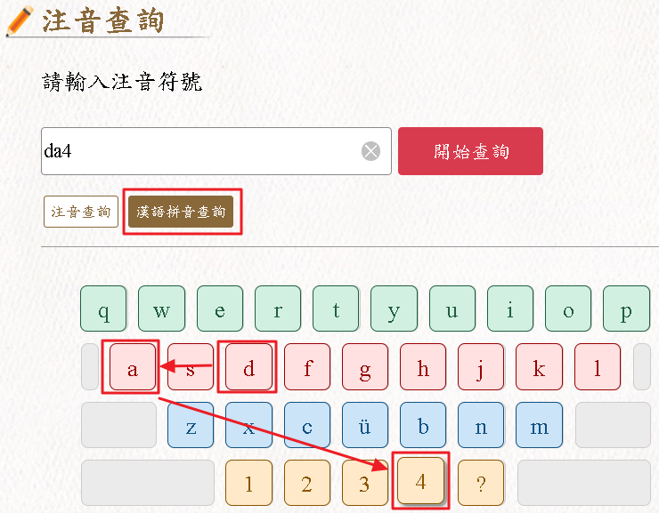 注音查詢-漢語拼音模式查詢示意圖