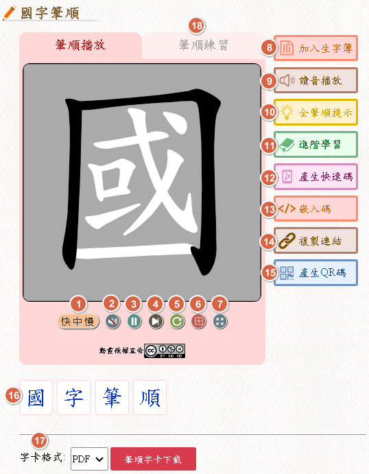 筆順播放頁面功能鈕示意圖